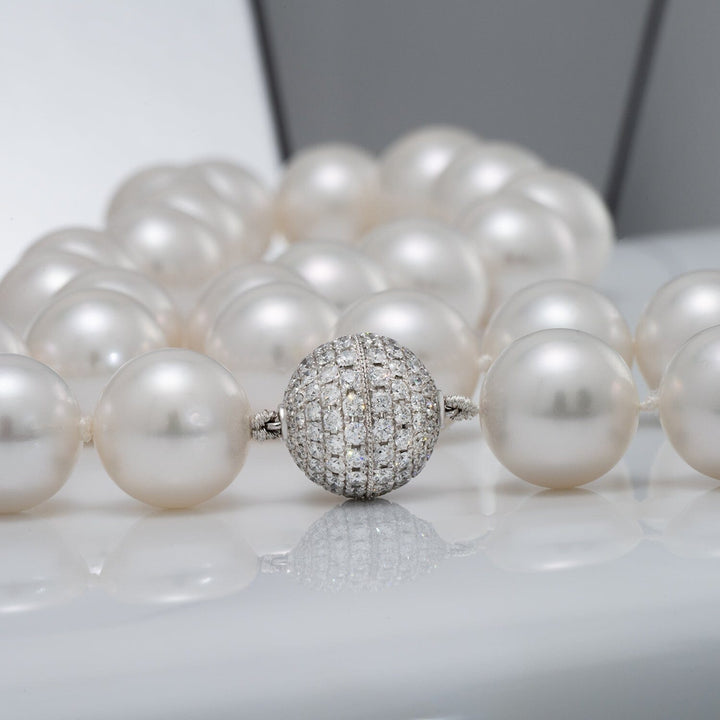 Assael Collection: 13.0-14.8 Round White South Sea Pearl Necklace 18K WG Clasp 158 Diamonds 2.30 ct
