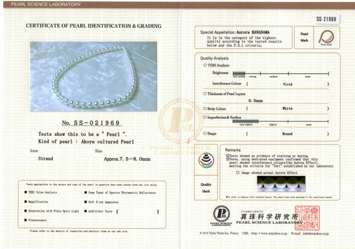 7.5-8.0 mm Hanadama Akoya Strand - Certificate SS-021969