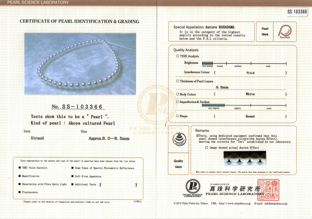 8.0-8.5 mm Hanadama Akoya Strand - Certificate SS-103366