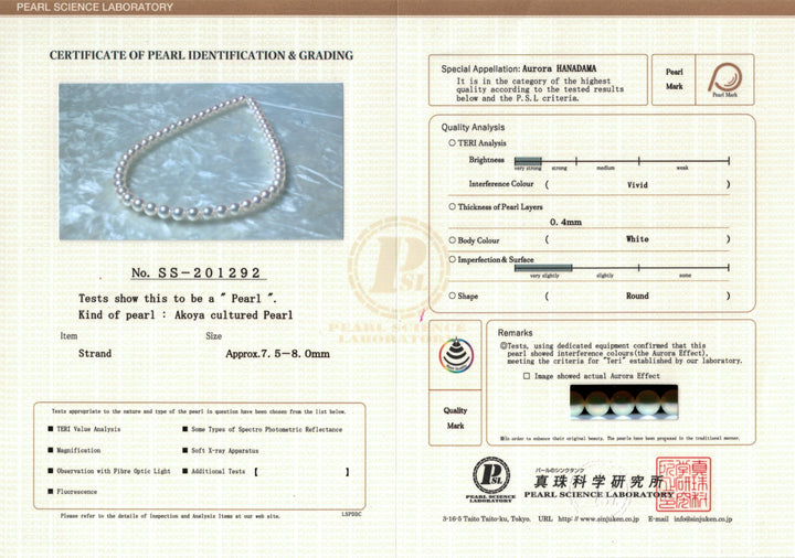 7.5-8.0 mm Hanadama Akoya Strand - PSL Certificate SS-201292