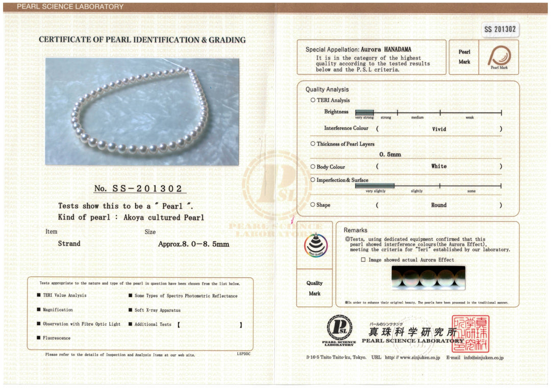 Certificate 8.0-8.5 mm Hanadama Akoya Strand - PSL Certificate SS-201302