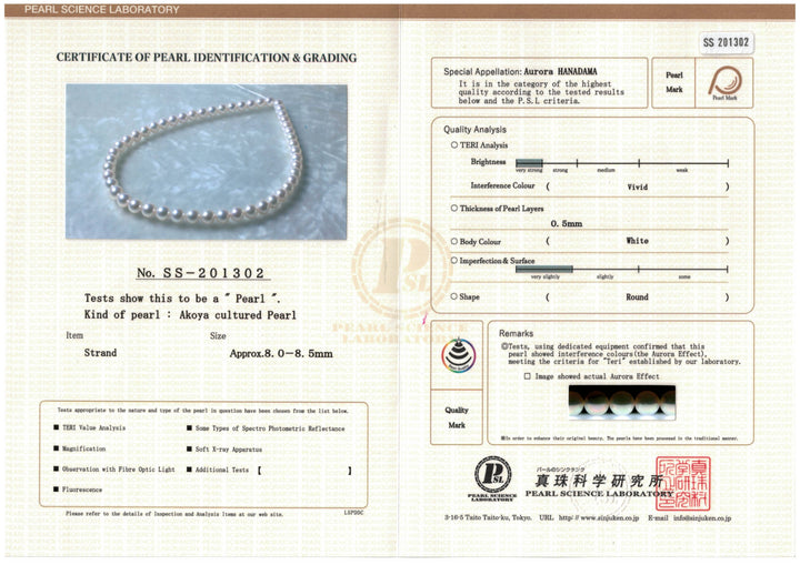Certificate 8.0-8.5 mm Hanadama Akoya Strand - PSL Certificate SS-201302