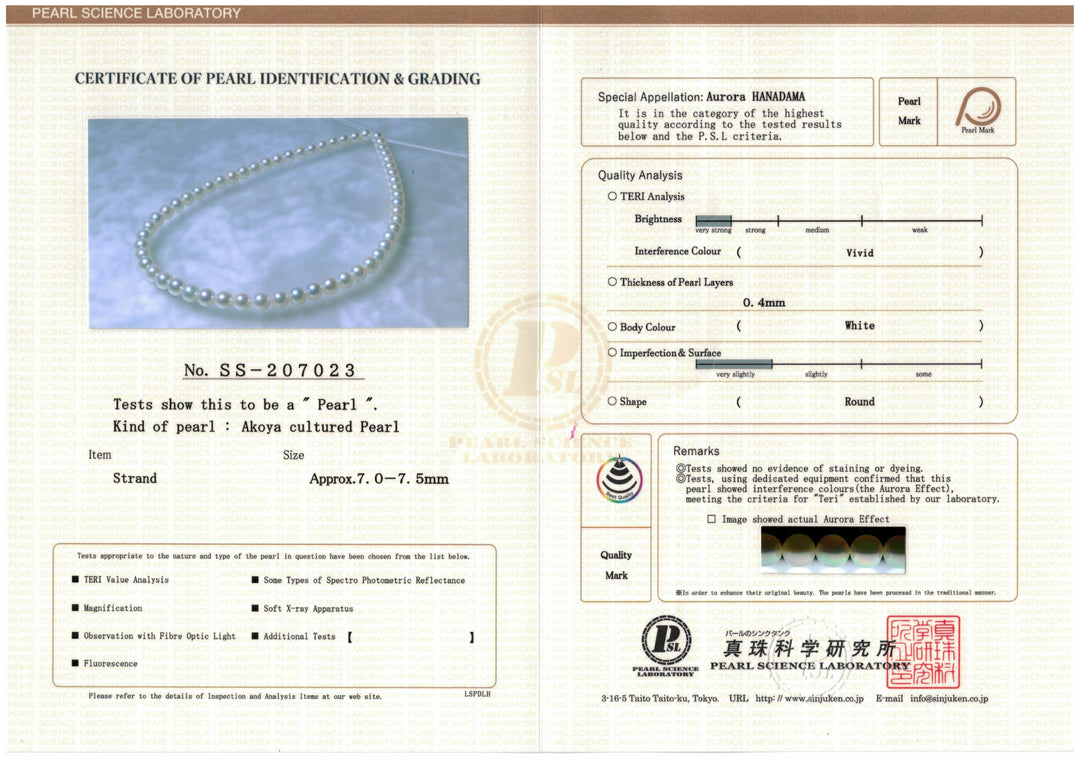 Certificate 7.0-7.5 mm Hanadama Akoya Strand - PSL Certificate SS-207023