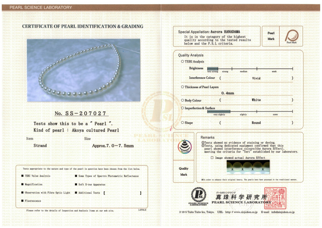 Certificate 7.0-7.5 mm Hanadama Akoya Strand - PSL Certificate SS-207027