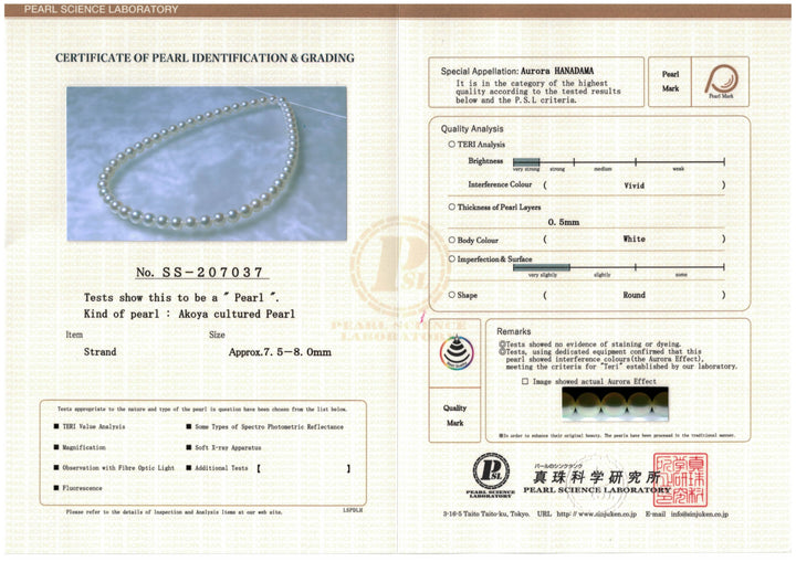 Certificate Hanadama Akoya Strand - PSL Certificate SS-207037
