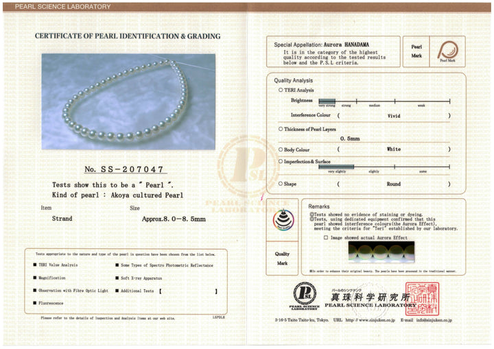 Certificate 8.0-8.5 mm Hanadama Akoya Strand - PSL Certificate SS-207046