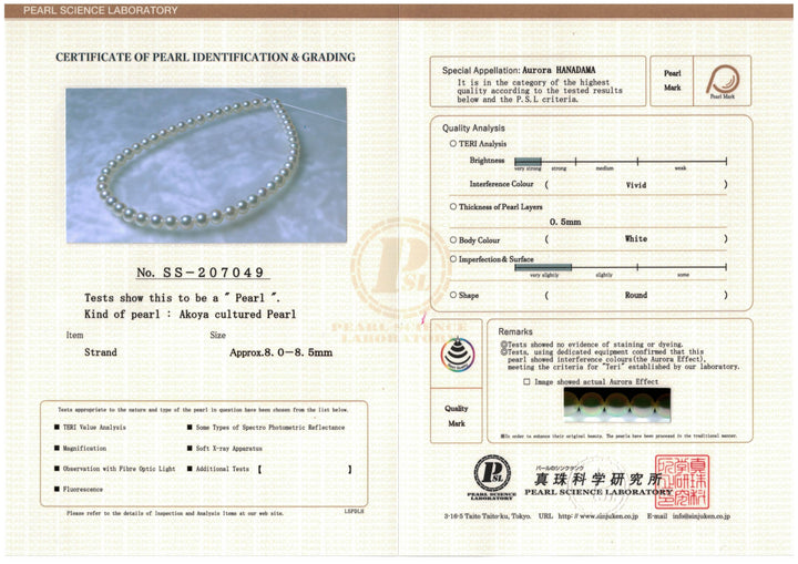 8.0-8.5 mm Hanadama Akoya Strand - PSL Certificate SS-207049
