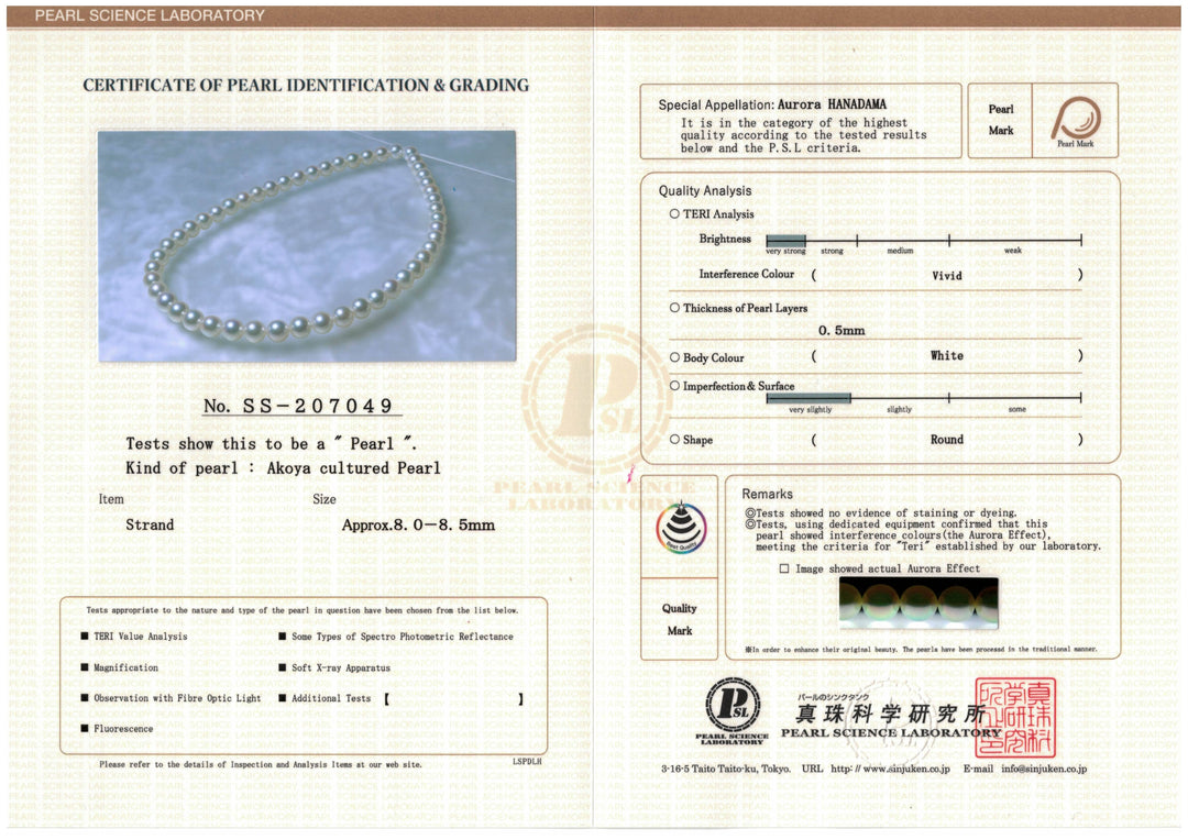 8.0-8.5 mm Hanadama Akoya Strand - PSL Certificate SS-207049 Cert