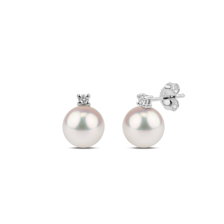 Close-up of Starlight Collection 8.0-8.5 mm AAA Akoya Pearl and Diamond Earrings featuring round white Akoya pearls set with small sparkling diamonds on silver posts.