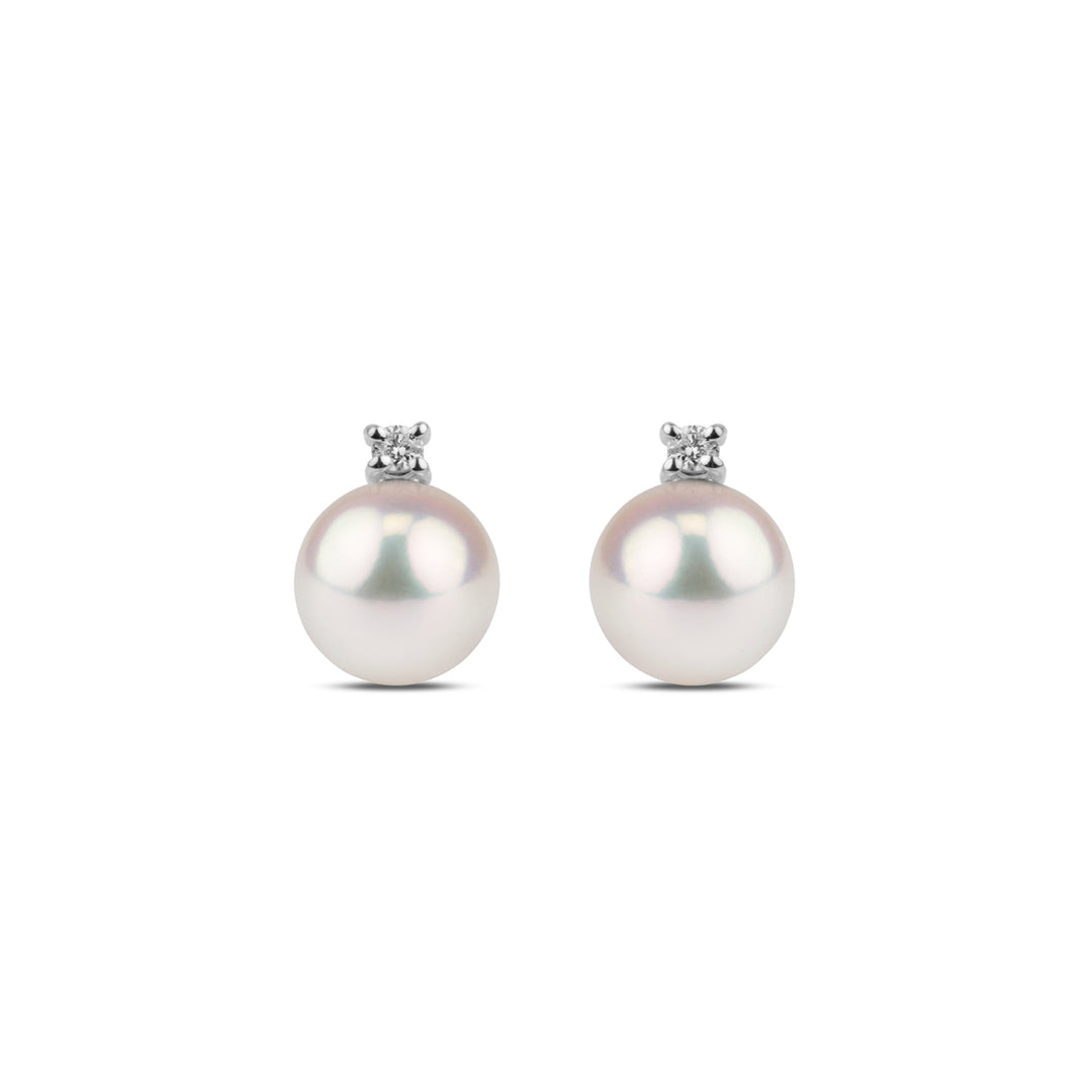 Starlight Collection 8.0-8.5 mm AAA Akoya Pearl and Diamond Earrings featuring round white akoya pearls topped with single sparkling diamonds set in white gold.