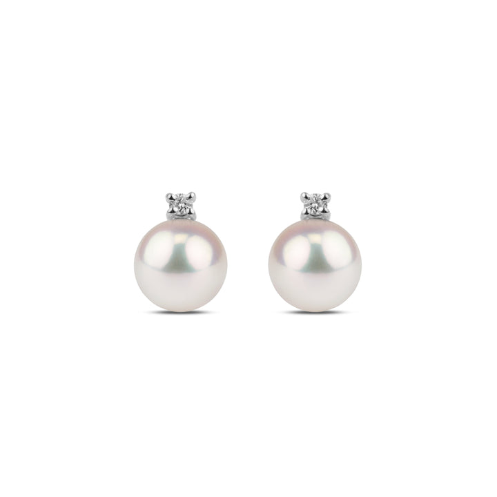 Starlight Collection 8.0-8.5 mm AAA Akoya Pearl and Diamond Earrings featuring round white akoya pearls topped with single sparkling diamonds set in white gold.