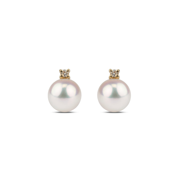Starlight Collection 8.0-8.5 mm AAA Akoya Pearl and Diamond Earrings featuring lustrous white Akoya pearls set with sparkling diamonds on yellow gold studs for elegant timeless style.