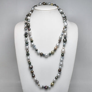 8.0-15.0 mm Baroque and Keshi South Sea and Tahitian Pearl Rope Necklace on a dark background