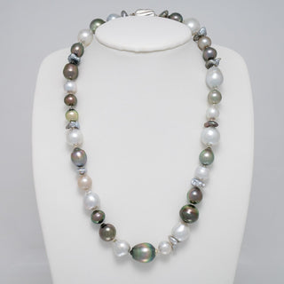 8.0-15.0 mm Baroque and Keshi South Sea and Tahitian Pearl Necklace on a dark background