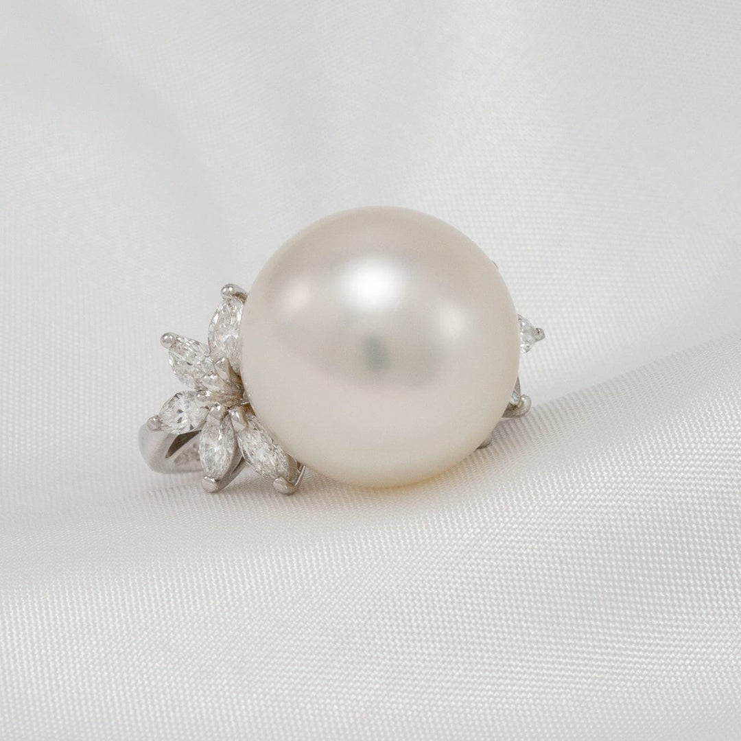 15.3 mm White South Sea Pearl and 0.92 ct Diamond Ring, Sz 6, Platinum