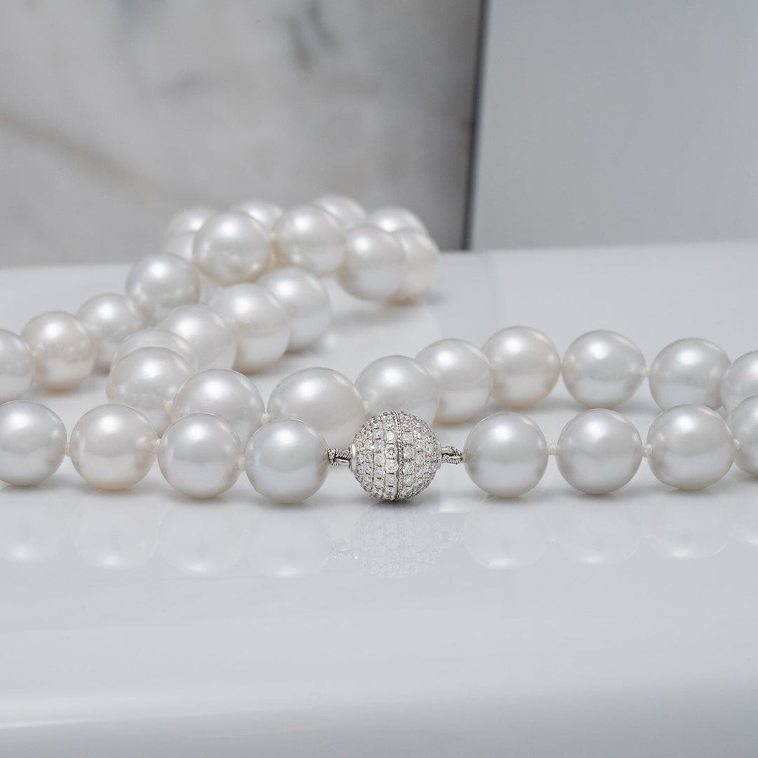 9.5-13.1 mm Semi Baroque White South Sea Pearl Necklace 18K white gold diamond clasp (126 diamonds, 1.11 ctw)