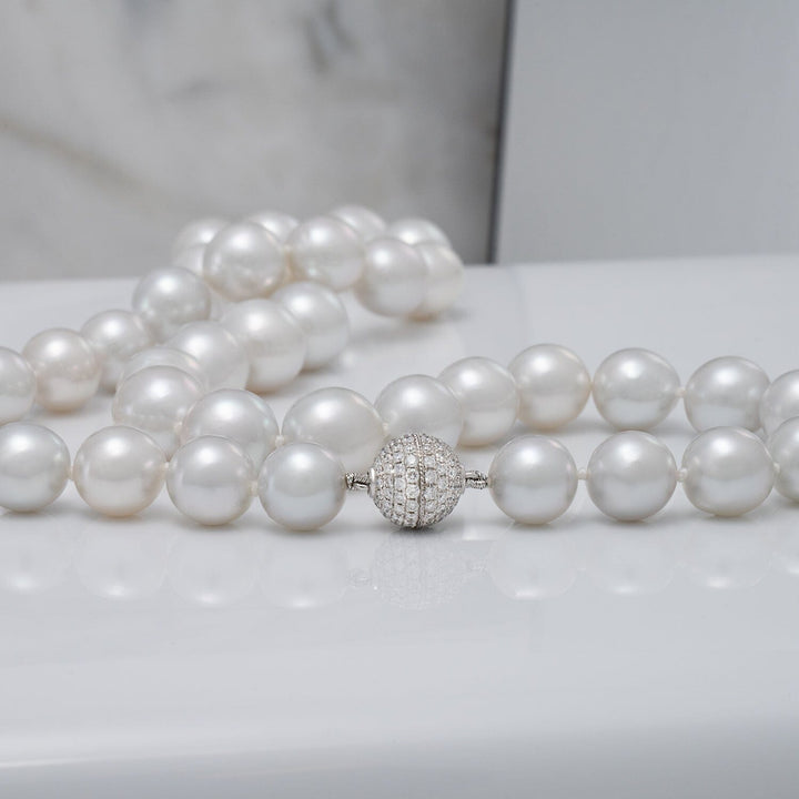 9.5-13.1 mm Semi Baroque White South Sea Pearl Necklace 18K white gold diamond clasp (126 diamonds, 1.11 ctw)