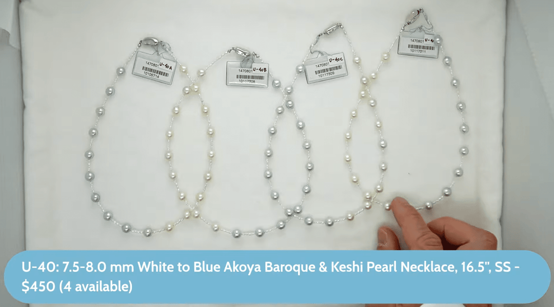 U-40: 7.5-8.0 mm White to Blue Akoya Baroque & Keshi Pearl Necklace