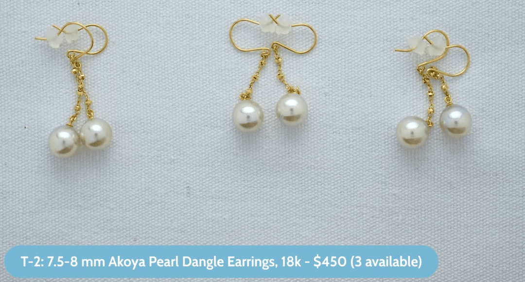 T-2: 7.5-8 mm Akoya Pearl Dangle Earrings, 18k
