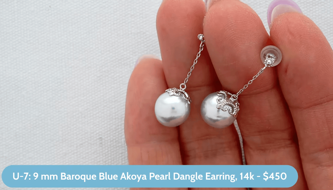 U-7: 9 mm Baroque Blue Akoya Pearl Dangle Earring, 14k