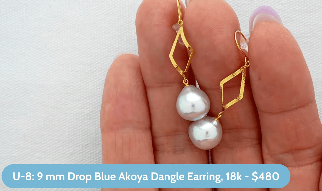 U-8: 9 mm Drop Blue Akoya Dangle Earring, 18k