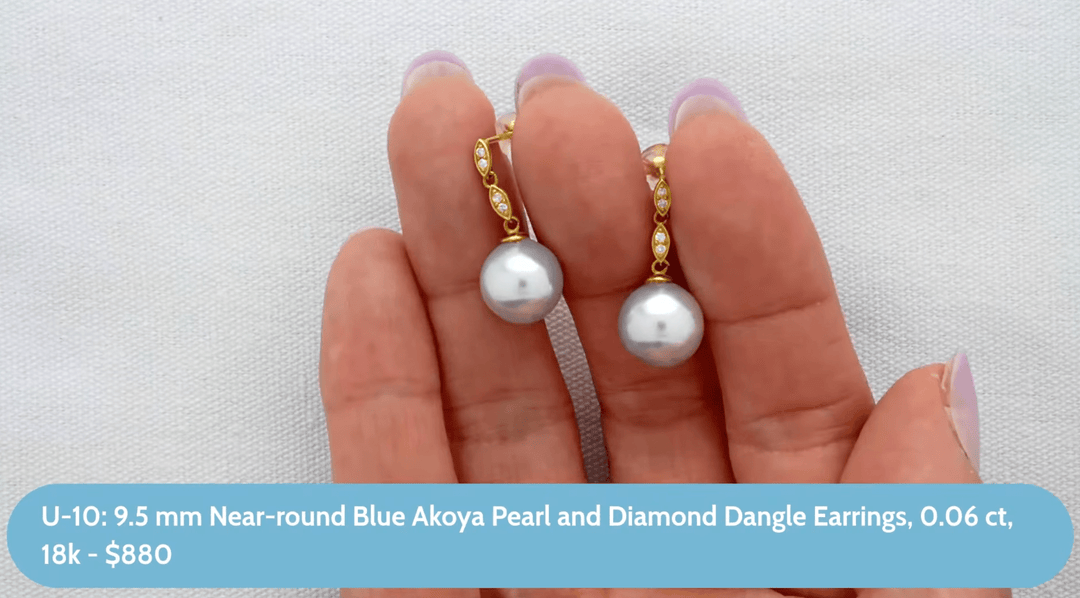 U-10: 9.5 mm Near-round Blue Akoya Pearl and Diamond Dangle Earrings, 0.06 ct, 18k