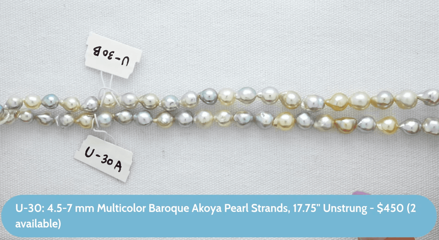 U-30-B: 4.5-7 mm Multicolor Baroque Akoya Pearl Strands, 17.75" Unstrung