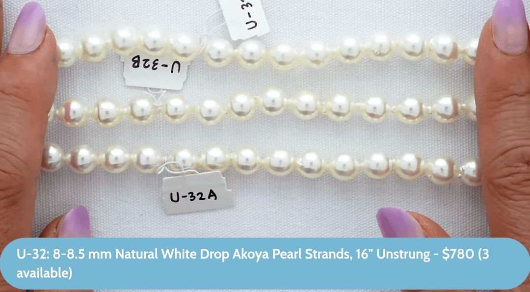 U-32: 8-8.5 mm Natural White Drop Akoya Pearl Strands, 16" Unstrung