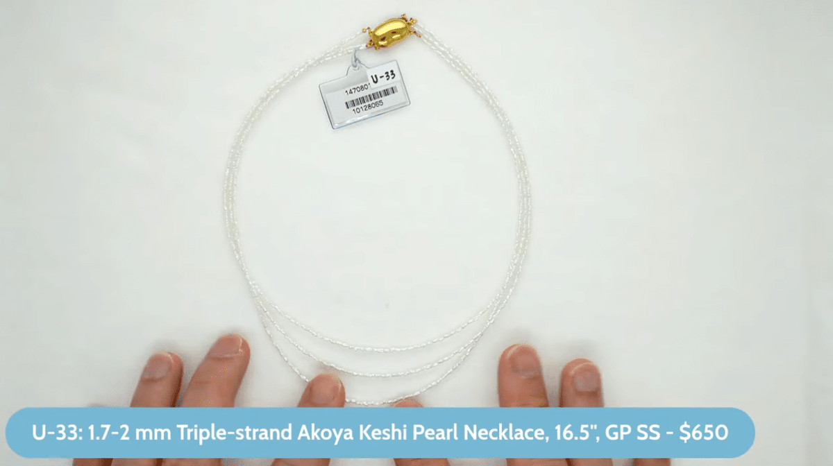 U-33: 1.7-2 mm Triple-strand Akoya Keshi Pearl Necklace, 16.5", GP SS, view 4