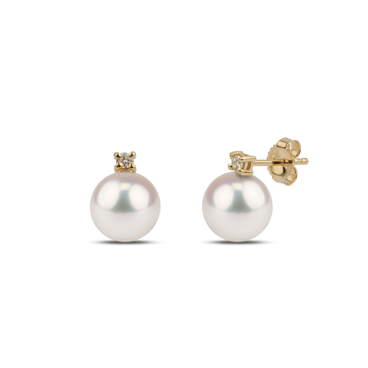 Starlight Collection 8.0-8.5 mm AAA Akoya Pearl and Diamond Earrings featuring lustrous white akoya pearls set in yellow gold with a small sparkling diamond accent.