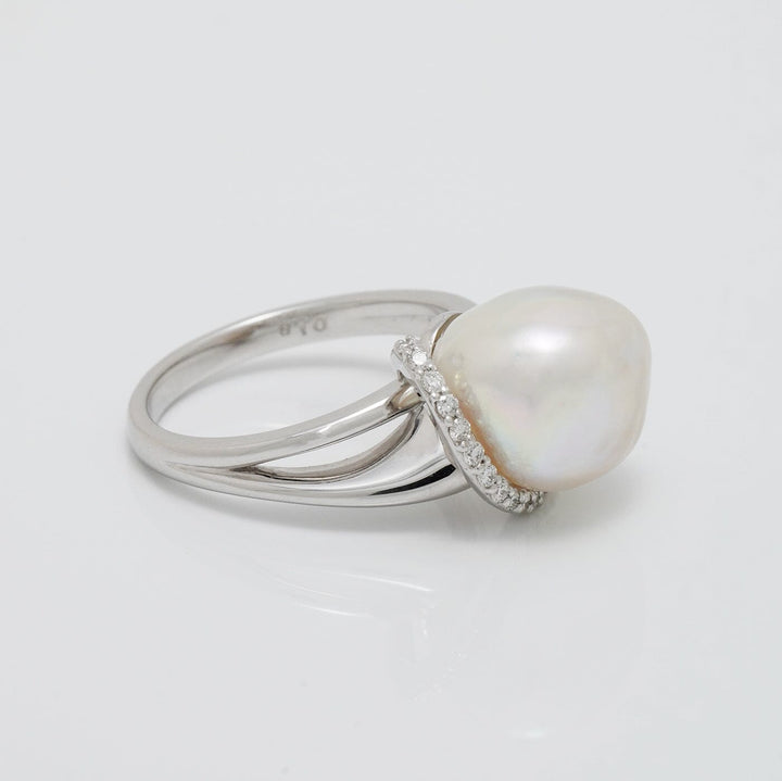 T-12: 10.5-11 mm Baroque Akoya Pearl and Diamond Ring