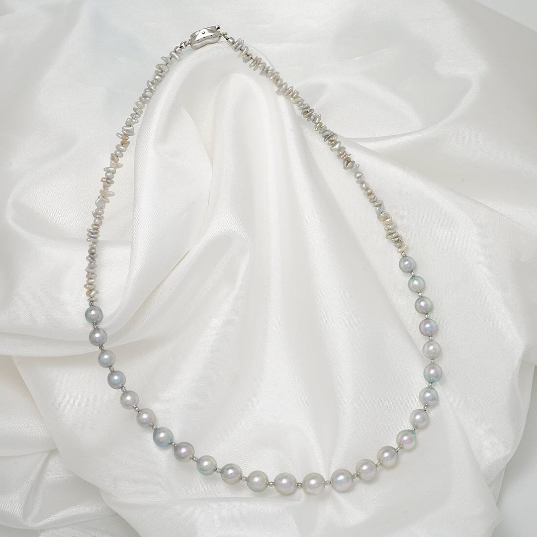 T-25: 7.5-8 mm Near Round Blue Akoya and Keshi Pearl Necklace, 17", 18k & SS - $700