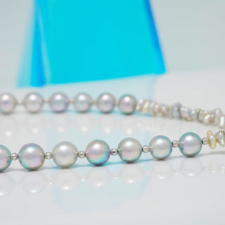 T-25: 7.5-8 mm Near Round Blue Akoya and Keshi Pearl Necklace, 17", 18k & SS – $700, view 3