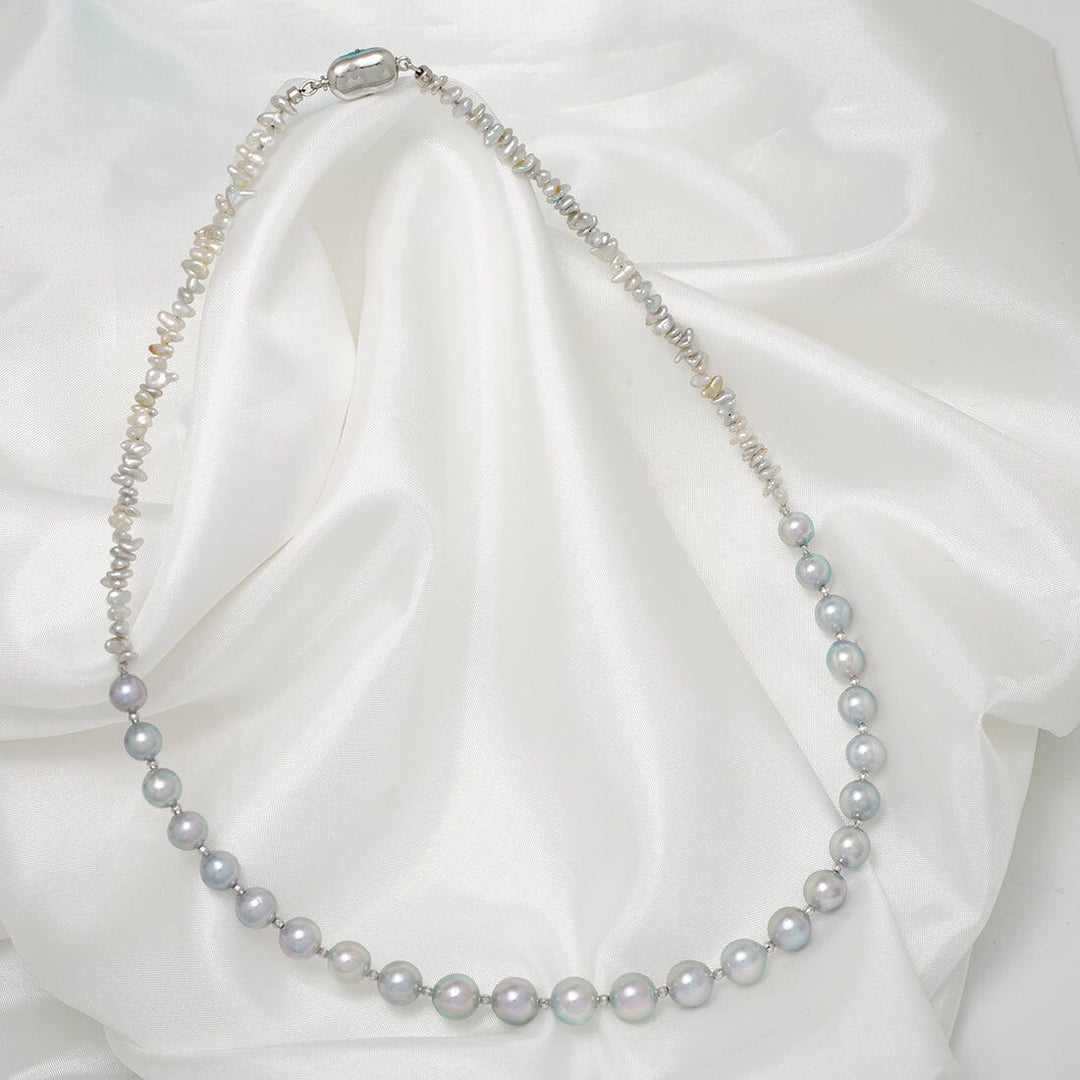 T-25: 7.5-8 mm Near Round Blue Akoya and Keshi Pearl Necklace, 17", 18k & SS - $700