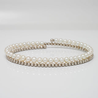 T-44: (Hisano's Bracelet) 3.5-4.0 mm Akoya Pearl Stretch Bangle, Platinum & 18K Yellow Gold - $1350