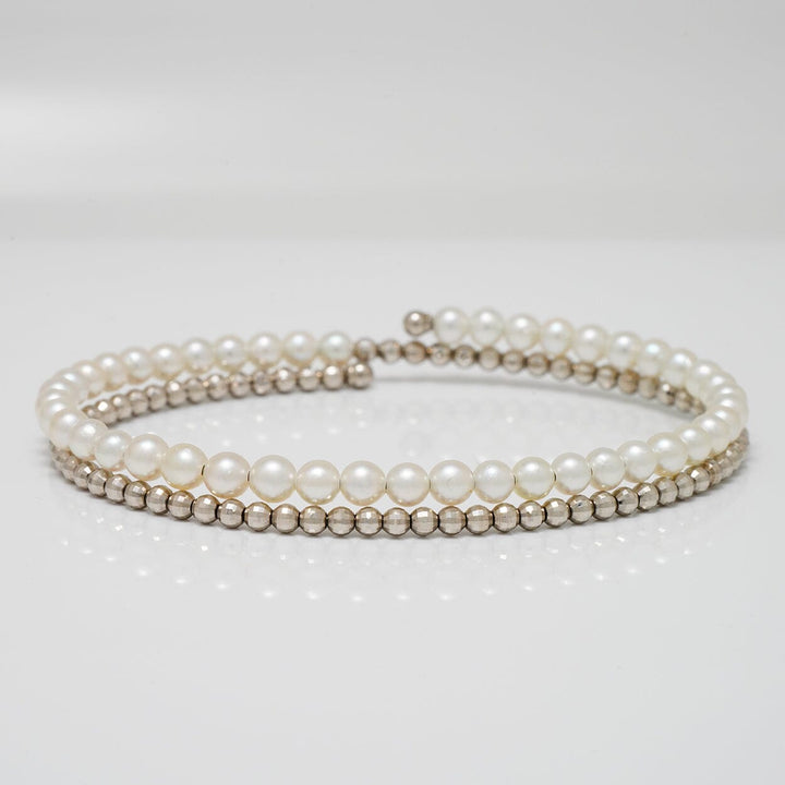 T-44: (Hisano's Bracelet) 3.5-4.0 mm Akoya Pearl Stretch Bangle, Platinum & 18K Yellow Gold - $1350