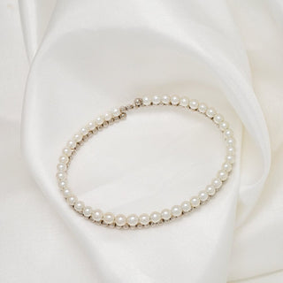 T-44: (Hisano's Bracelet) 3.5-4.0 mm Akoya Pearl Stretch Bangle, Platinum & 18K Yellow Gold - $1350