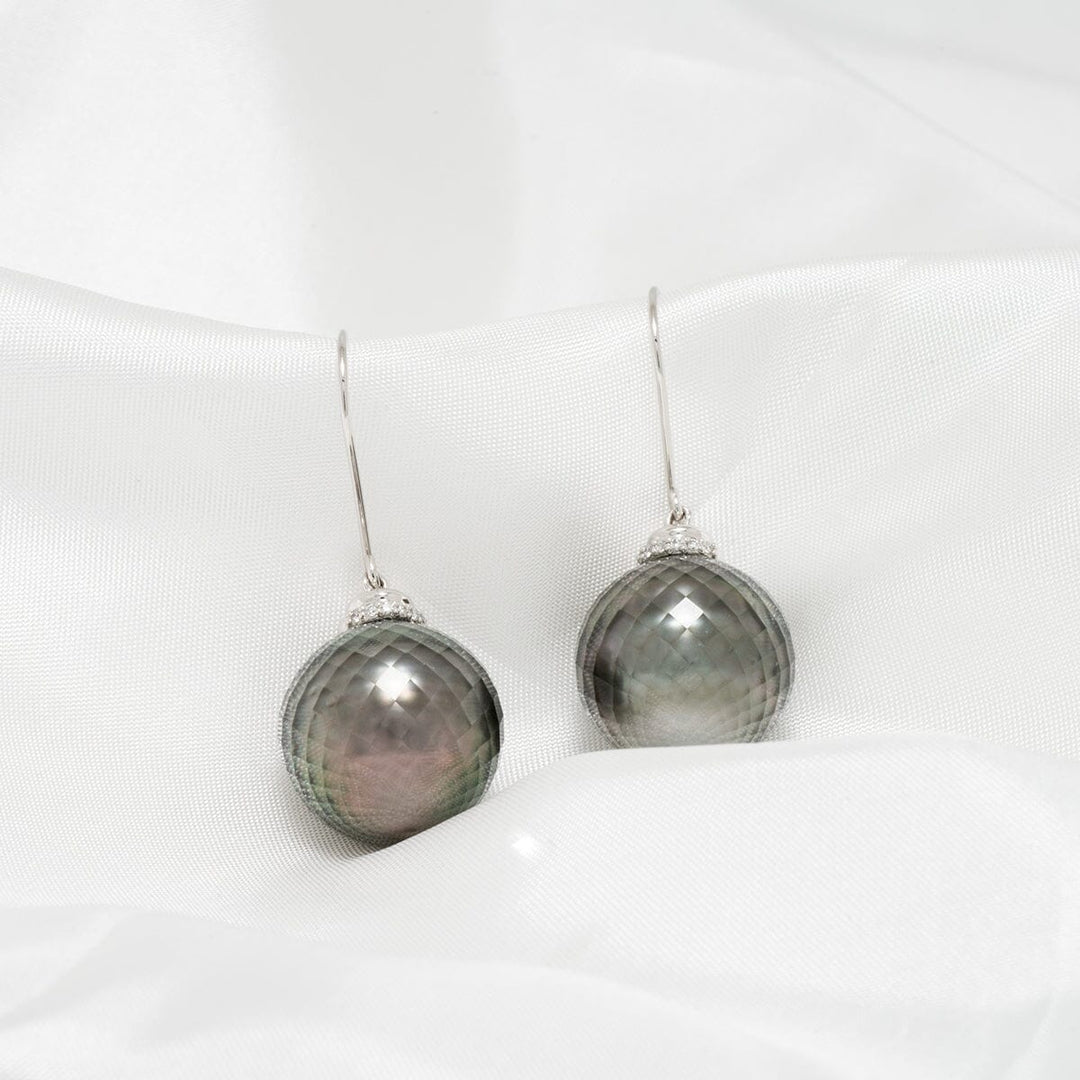 15.0-16.0 mm Faceted Tahitian Pearl and Diamond Earrings