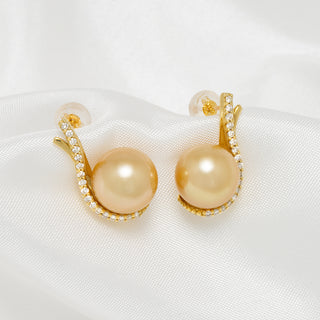 9.0-10.0 mm Golden South Sea Pearl and Diamond Earrings