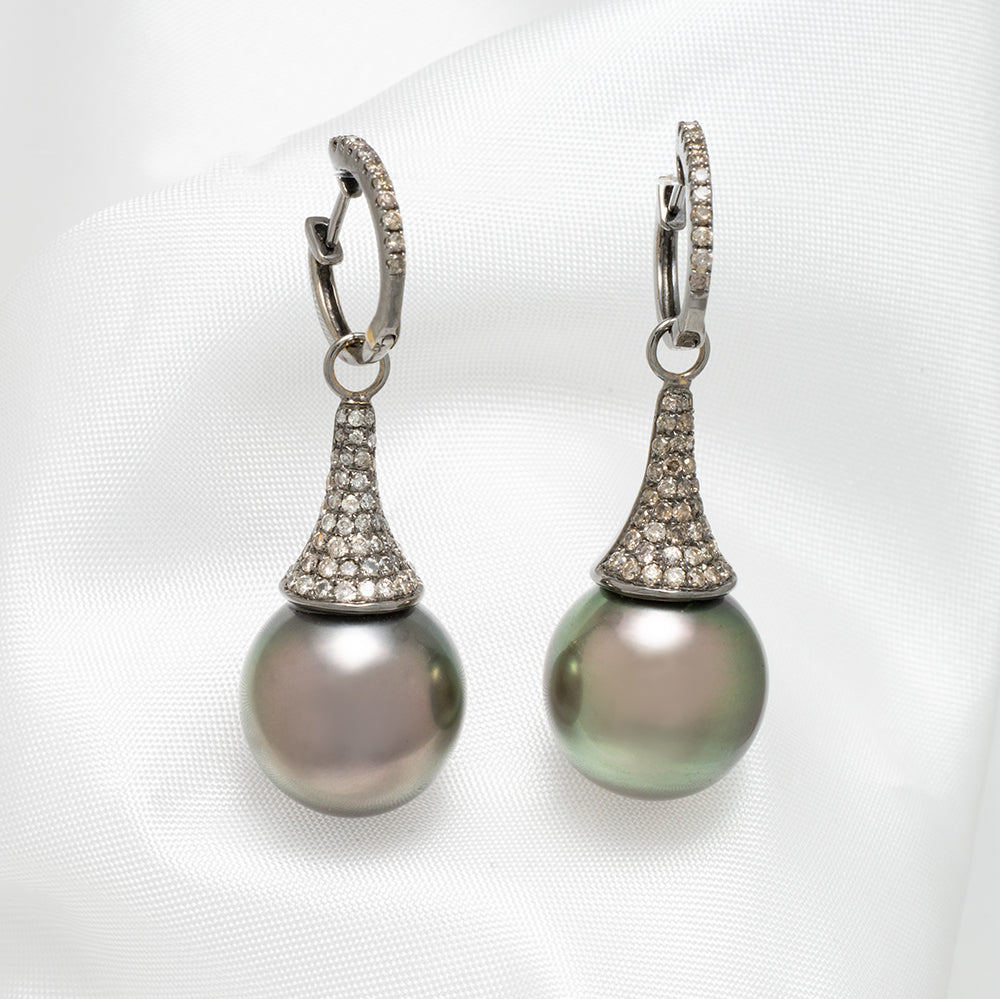 12.0 mm Tahitian Pearl and Diamond Earrings