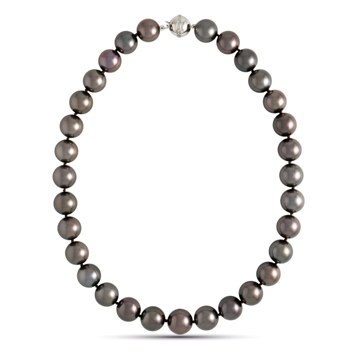12.9–14.2 mm AAA Very Dark Tahitian Round Pearl Necklace