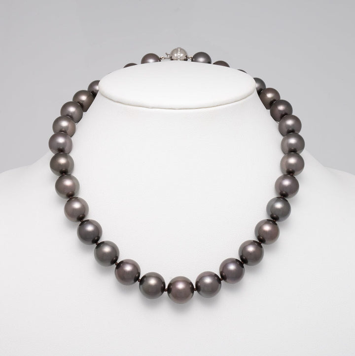 12.9–14.2 mm AAA Very Dark Tahitian Round Pearl Necklace with diamond clasp