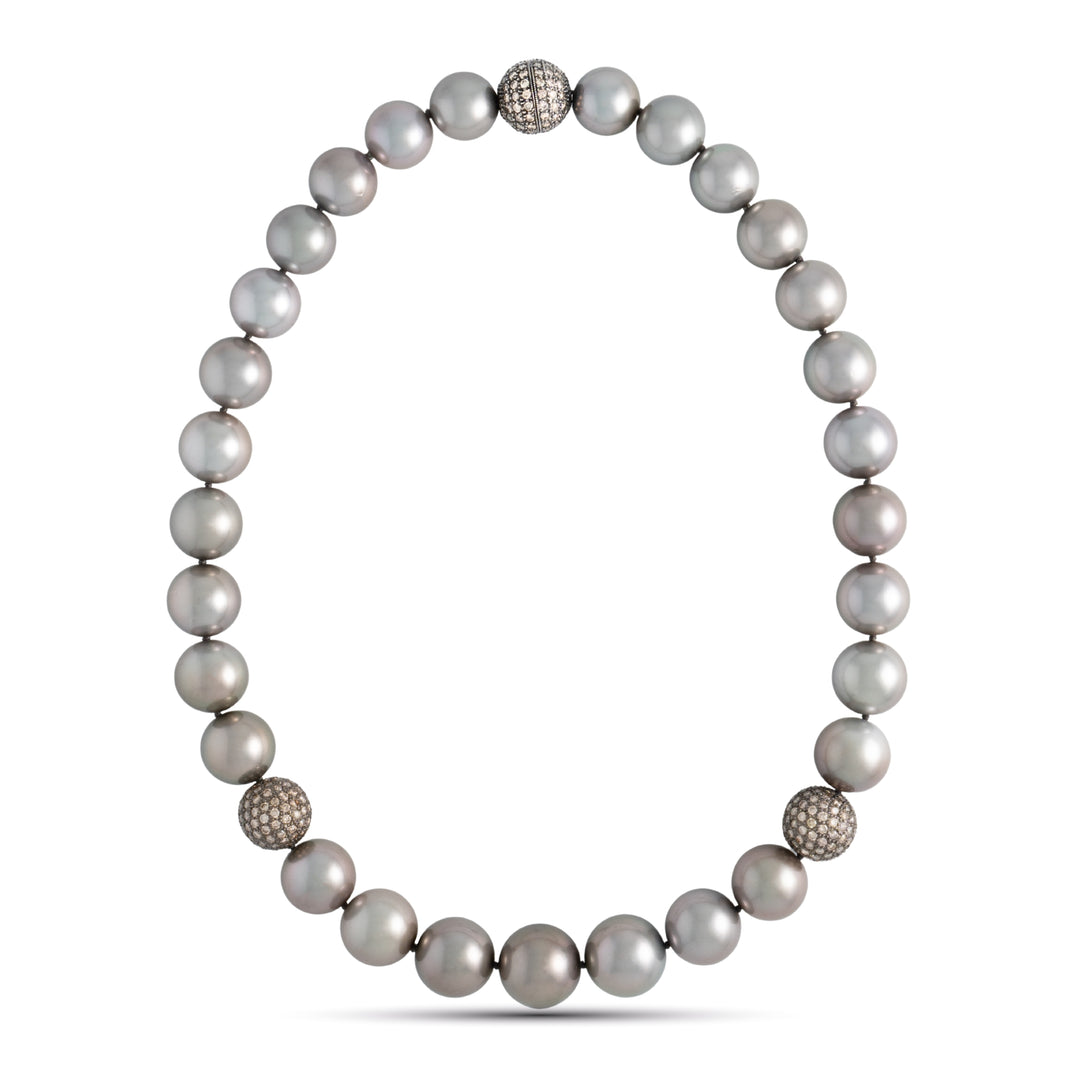 13.0–15.8 mm AAA Tahitian Round Pearl and Diamond Necklace, 18.5 inches