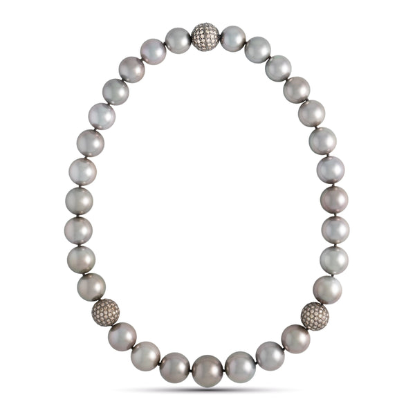 13.0–15.8 mm AAA Tahitian Round Pearl and Diamond Necklace, 18.5 inches