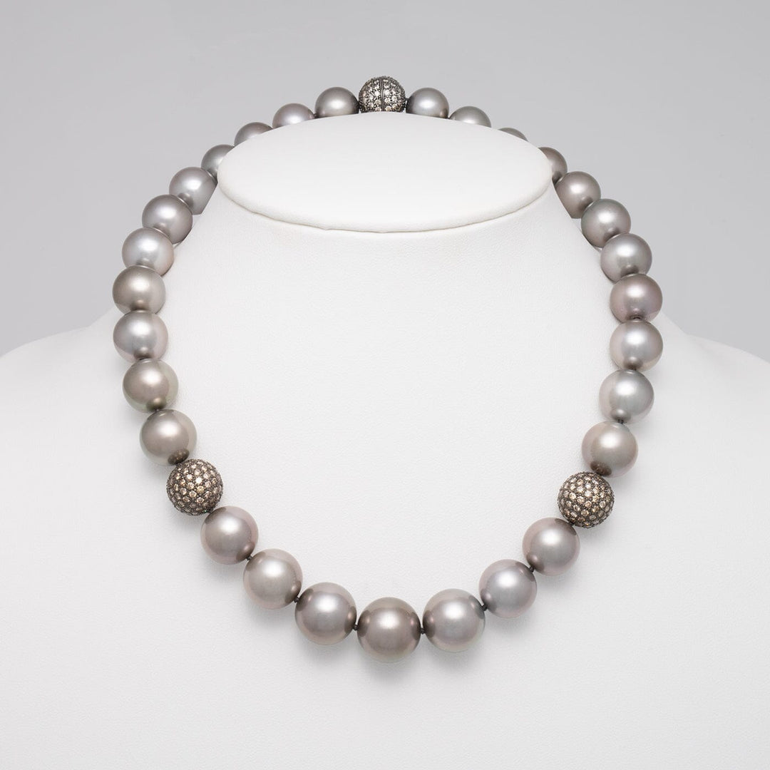 13.0–15.8 mm AAA Tahitian Round Pearl and Diamond Necklace, 18.5 inches on bust