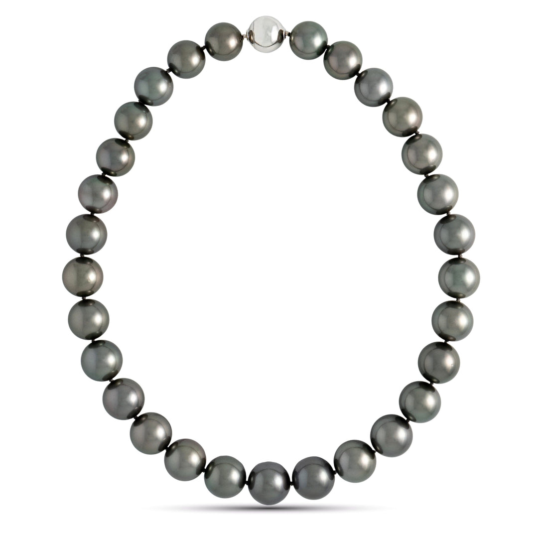13.1–14.9 mm AAA Very Dark Tahitian Round Pearl Necklace, 17 inches 
