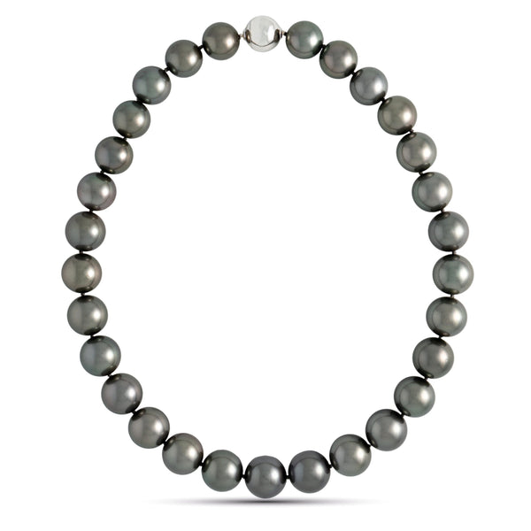 13.1–14.9 mm AAA Very Dark Tahitian Round Pearl Necklace, 17 inches