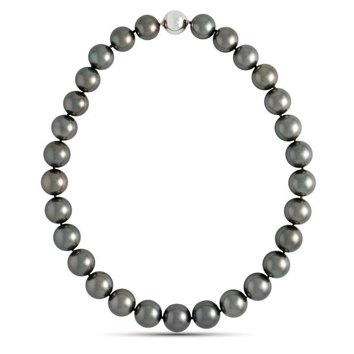 13.1–14.9 mm AAA Very Dark Tahitian Round Pearl Necklace, 17 inches 
