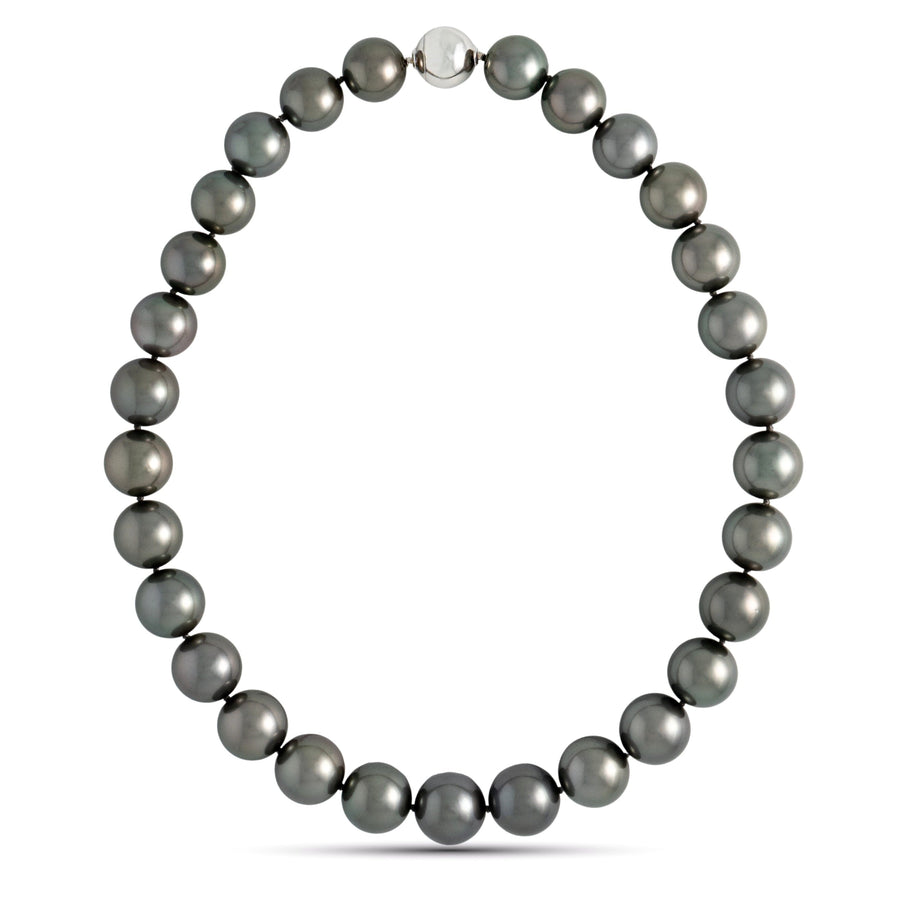 13.1–14.9 mm AAA Very Dark Tahitian Round Pearl Necklace, 17 inches
