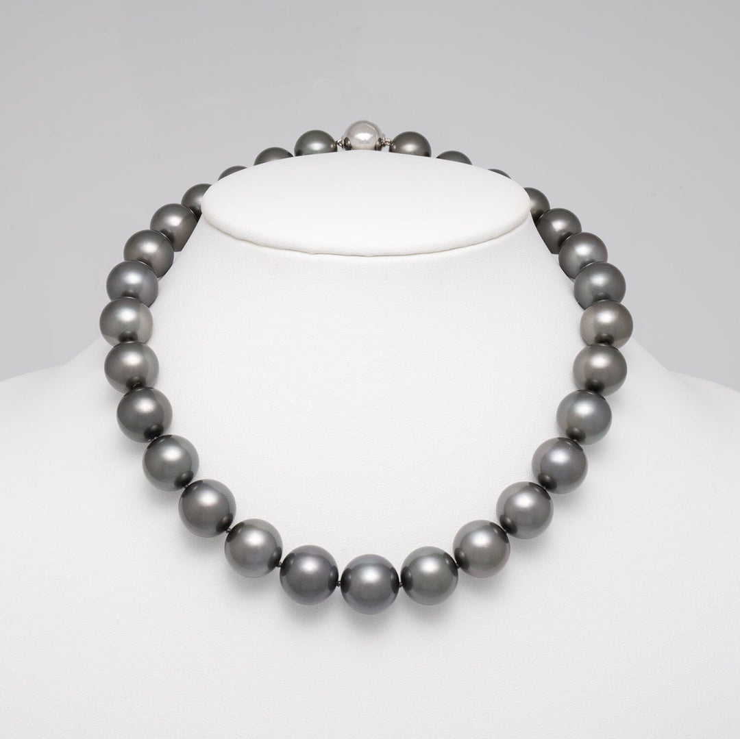 13.1–14.9 mm AAA Very Dark Tahitian Round Pearl Necklace, 17 inches on bust
